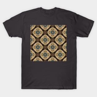 brown on beige medallion pattern with blue center T-Shirt